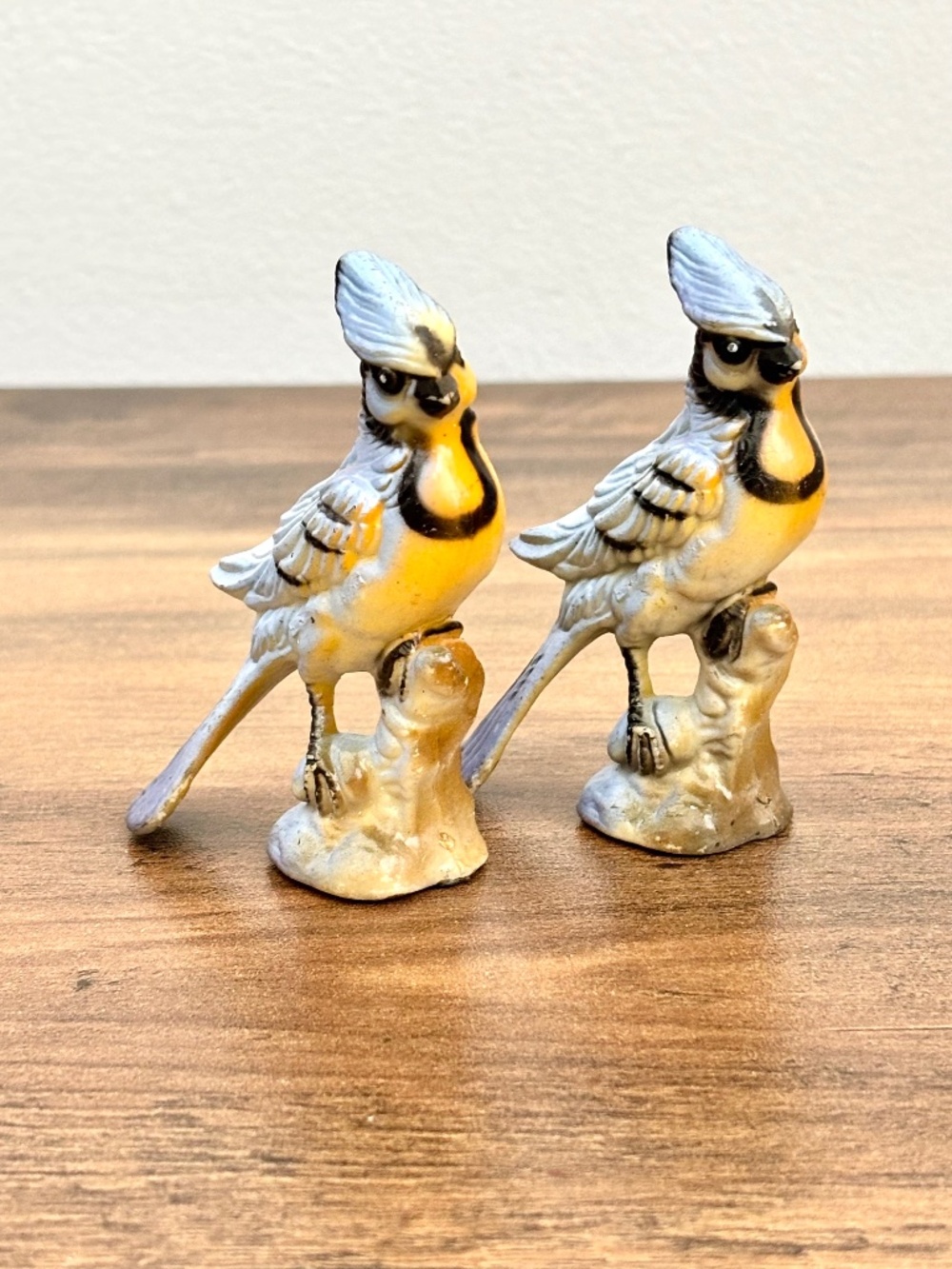 VINTAGE Mid century Blue Jay Perched on Branch Figurine Collectible Pair SET 2